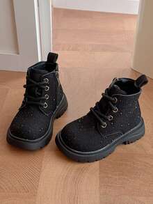 New Kids Shiny Rhinestone Boots, Autumn/Winter Girls Casual Ankle Boots With Side Zipper, Easy On/Off, Non-Slip - Black - View 4