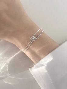 1pc Minimalist Niche Asymmetric Double Layer Curved Tube & Starry Spliced Half Chain Bracelet - Antique Silver - View 2