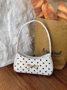 Girls Sweet Polka Dot Underarm Bag, Bow Decor Handheld Small Bag, Versatile One Shoulder Baguette Bag, Outfit Accessory - A - View 12