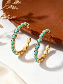 1 Pair Geometric Oval Faux Turquoise Hoop Earrings For Women - Multicolor - View 2