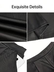 BIUBIU Elegant Plus Size Wide Leg Trousers For Women, Black Woven Fabric Pants With Pockets, Long Length, Non-Stretch For Fall Outfits,Casual Or Office Wear - Black - View 3