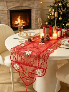 1pc 100% Polyester Red Sheer Embroidery Christmas Table Runner, Bell & Poinsettia Pattern Tassel Table Scarf, Holiday Dining Table Decor For Xmas Party Home Decoration - Red - View 1