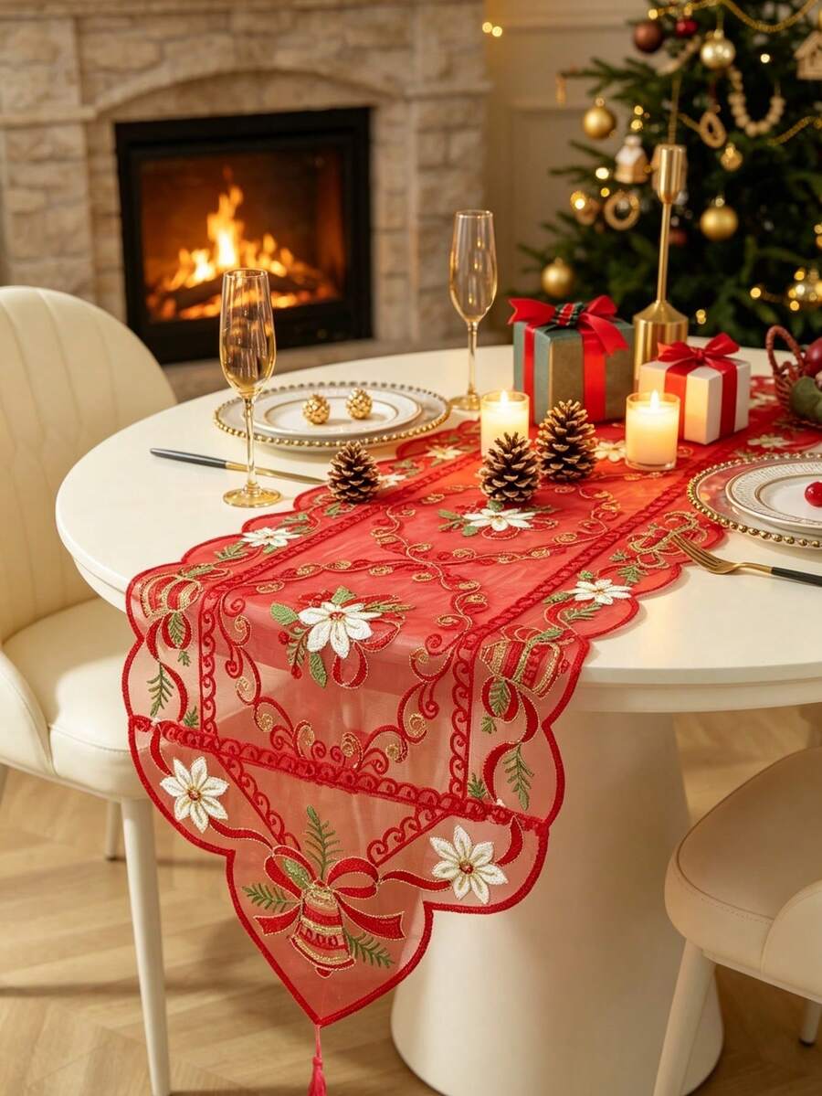 1pc 100% Polyester Red Sheer Embroidery Christmas Table Runner, Bell & Poinsettia Pattern Tassel Table Scarf, Holiday Dining Table Decor For Xmas Party Home Decoration - Red - View 1