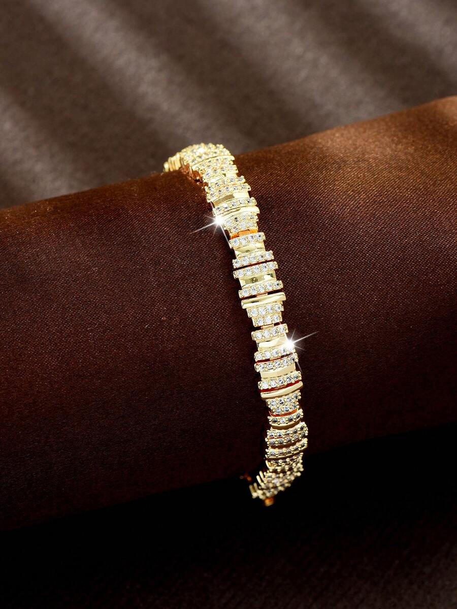 1pc Gorgeous Vintage Style Asymmetric Cubic Zirconia Linked Bracelet, Jewelry For Annual Meeting, Celebration And Stage Styling - Gold - View 1