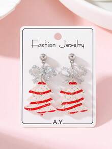 1 Pasang Anting-Anting Fashion Wanita Motif Pohon Natal dengan Pita Warna-warni, Hadiah Pesta Liburan - MultiWarna - View 1