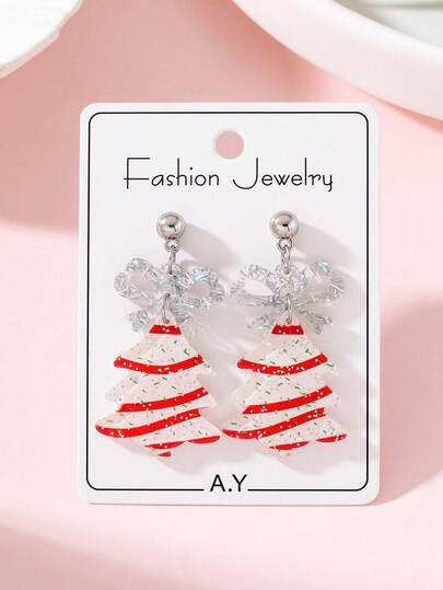 1 Pair Christmas Colorful Bow Christmas Tree Design Women's Fashion Jewelry Earrings, Holiday Party Gift