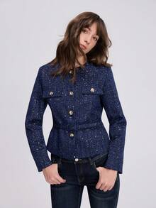 Women's Long Sleeve Metal Button Design Elegant Belted Tweed Jacket Fall - Blue - View 5
