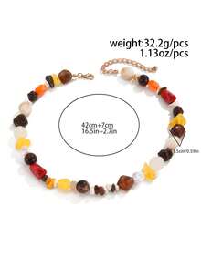 1pc Bohemian Style Multicolor Natural Stone Necklace, Warm Tone Amber Jade Asymmetrical Bead Design, Casual Everyday Versatile Long Necklace For Couples - Gold - View 8