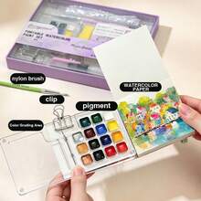 15 Colors Solid Watercolor Paint Travel Set, Portable Storage Art Painting Sketching Watercolor Paint Acrylic Box Mini Outdoor Quick Sketching Set, Student Hand Drawing Journal Art Painting Tools - Pink Set - View 8