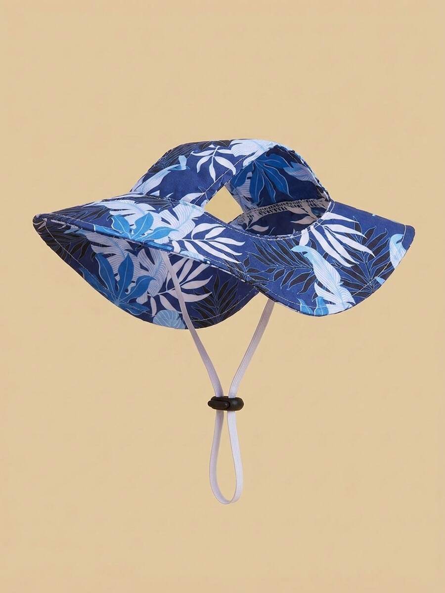 Navy Blue Leaf Pattern Windproof Sun Hat, Ear-Exposed Design, Anti-Slip, Adjustable Sun Protection, Suitable For Small Dogs Year-Round Outdoor Wear