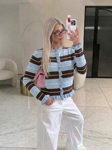 Plus Size Women Fall Winter Multicolor Striped Ruffle Trim Knit Cardigan , Casual Daily Long Sleeve Vacation For Women Fashion Top - Blue - View 6
