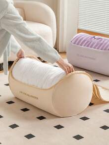 Minimalist, Cylindrical, Compressible Storage Bag Featuring A Striped Print, A Carrying Handle, And A Dual-Zipper Closure. Portable And Space-Saving, It Is Designed For Storing Bedding And Blankets-Perfect For Year-Round Home Use. - Multicolor - View 5