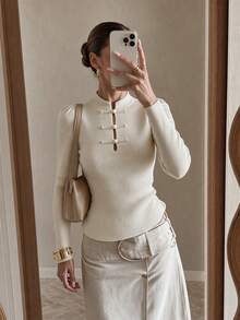 Women's Y2K Cream Beige Stand Collar Open Front Hollow Out Long Sleeve Slim Fit Ribbed Knit Sweater Top, Campus Style White Fall - White - View 9