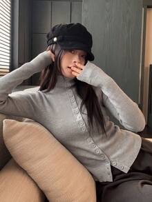 Women's Autumn/Winter Long Sleeve High Neck Button-Up Grey Casual Minimalist Cardigan - Grey - View 2