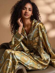 2pcs Women's Lapel Long Sleeve Top And Pants Pajama Set, Cashew Flower Print - Olive Green - View 6