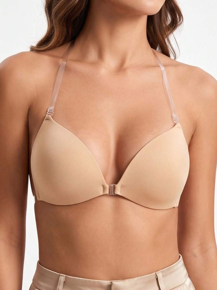Adhesive Strap Bra, Transparent Strap Adhesive Bra, Backless Triangle Cup Seamless Silicone Adhesive Bra, Suitable For Dresses - Multicolor - View 1