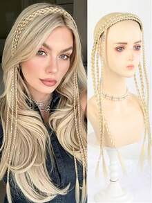 24 Inch Boho Pre Braided Headband For Women Long Hanging Synthetic Braids With Silver Decor Hairpiece For Daily Party Music Festival Halloween - Multicolor - View 16