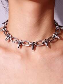 1pc Punk Studded Choker Necklace, Y2K Rock Style Chunky Chain Neck Accessory, Suitable For Women's Party And Daily Wear, Music Festival Dance Party Accessory, Halloween Accessory (Material Is CCB Plastic, Relatively Lightweight) - Silver - View 5