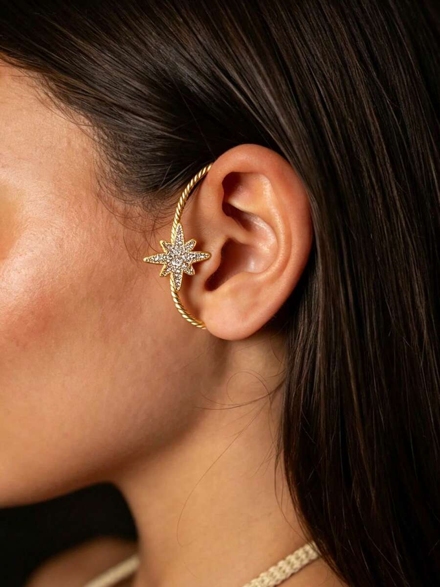 1pc Starry Rhinestone Ear Cuff, Twisted Rope Texture Sparkling Rhinestone Ear Wrap, No Piercing Exaggerated Ear Jewelry, Women's Party & Daily Wear Clip-On Earring - Rhinestones - View 1