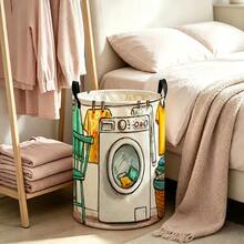 Cartoon Washing Machine Printed Laundry Basket, Foldable Storage Bin, Cute Hand-Drawn Laundry Room Pattern Laundry Basket, Suitable For Toys, Dirty Clothes, And Bedroom Decoration - Multicolor - View 3