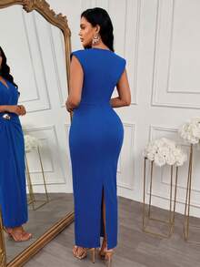 AIJ Women's V-Neck Cap Sleeve Long Elegant Dress, Blue Wrap Ruched Metal Buckle Fitted Bodycon Skirt, Party Dress, Suitable For Autumn Wedding Guest, Prom, Night Out, Graduation Ceremony And Evening Dinner, Christmas - Royal Blue - View 2