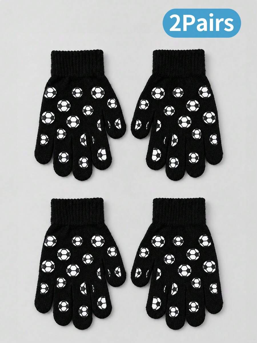 2pcs Kids Elastic Knit Magic Gloves, Boys Soccer Pattern Full Finger Gloves, Suitable For Daily School And Outdoor Activities - Black - View 1
