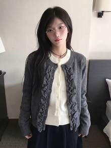 Autumn/Winter New Korean Style Round Neck Cable Knit 2 In 1 Cardigan Casual Versatile Sweater Top - Dark Grey - View 5