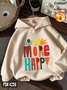 Autumn/Winter 3 Pieces Set Girls Thermal Lined Hooded Sweatshirt Colorful Letter & Graphic Print Long Sleeve Soft Y2K Style - Apricot + Apricot + Apricot - View 3