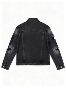 Men's Non-Stretch Black Distressed Denim Jacket, Heavyweight Ripped Washed Lapel With Flap Pockets, Vintage Street Style Outerwear - Black - View 9