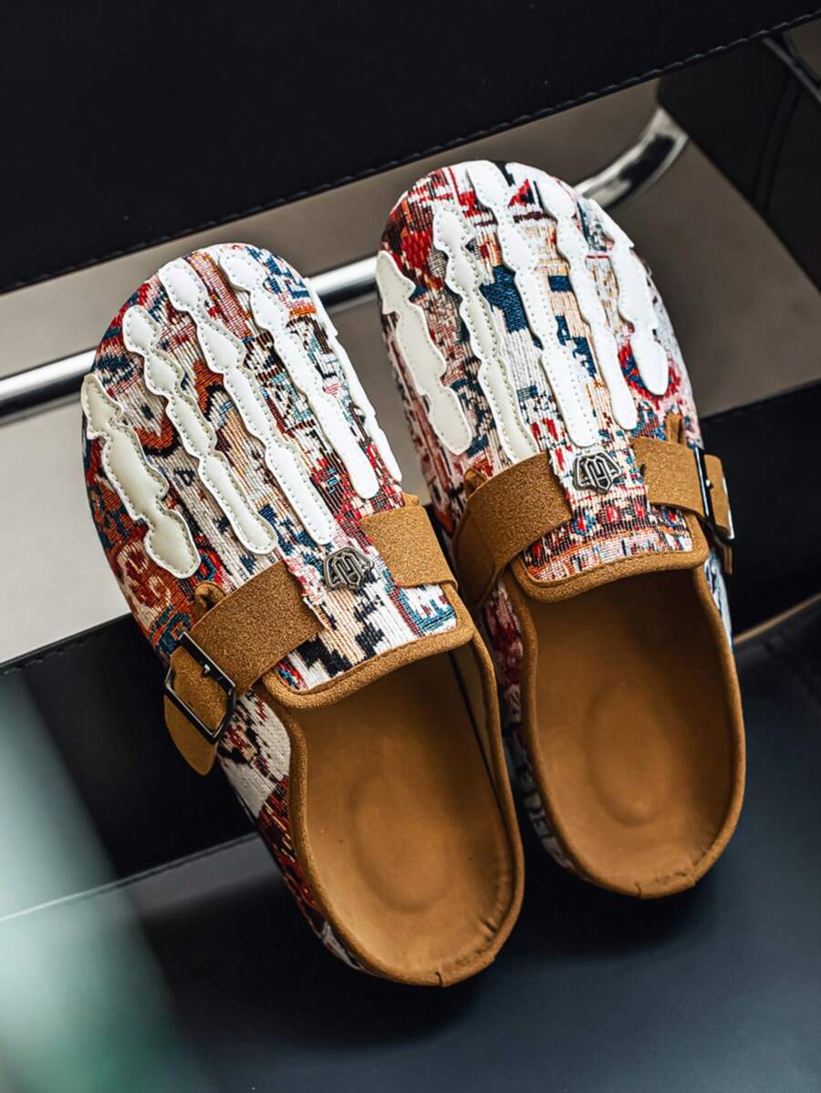 Men's Bohemian Halloween Skull Claw Closed-Toe Mule Sandals With Adjustable Buckle, Suede Backless Slip-On Casual Flat Slippers [Asymmetrical Print Pattern] - Khaki - View 1