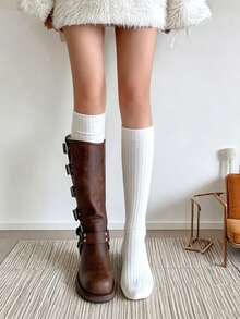 1/3/6 Pairs Thin Vertical Striped Knee-High Socks, Versatile And Non-Slip, Slimming And Layered Effect For Calves, Suitable For Women - Multicolor - View 2