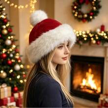 1pc Vintage Faux Fur Christmas Hat, Thick Plush Trim Christmas Hat, Holiday Party Atmosphere Warm Hat - Multicolor - View 3