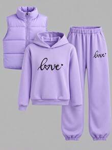 Tween Girl Autumn/Winter Casual Fashion Preppy Commuter Thick Quilted Vest, Printed Hoodie, And Printed Long Pants 3 Pieces Set - Mauve Purple - View 3