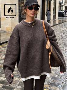 New Autumn/Winter Women's Square Neck Deep Brown Ribbed Collar Sweater, Casual Everyday Versatile - Brown - View 1