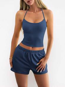 Vaiaye Summer Fall Basic 2Piece Set,Spaghetti Strap Camisole & Drawstring Shorts,Casual Sports Outfit For Football Training, Athleisure Elegant - Dark Blue - View 9