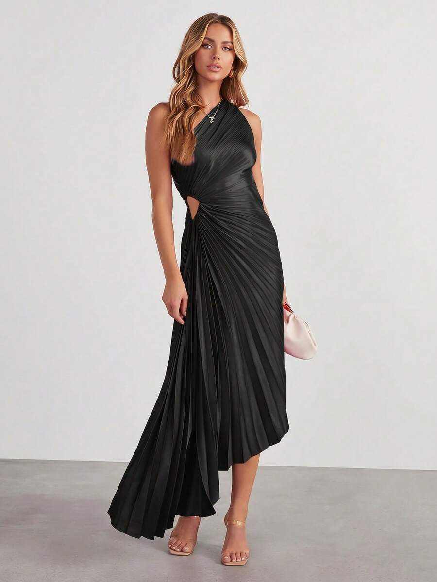 Elegant Sleeveless Satin Asymmetrical Neckline Pleated Hollow-Out Long Dress, Perfect For Formal Occasions And Balls For Women - Black - View 1