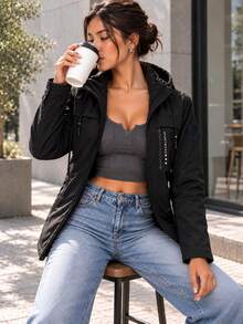 Women's Black Hooded Jacket With Drawstring Hood, Chest Zip Pocket, Side Zip Pockets And Long Sleeves For Everyday Wear - Black - View 8