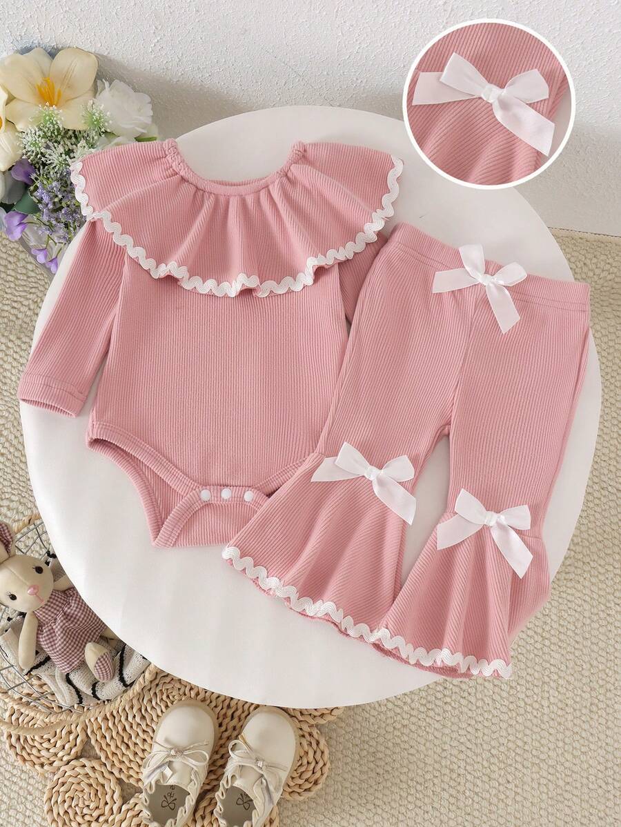2pcs Baby Girl Pink Soft Cute Comfortable Ruffle Collar Ribbed Long Sleeve Bodysuit & Flared Pants Set, Thin Spring/Autumn - Pink - View 1