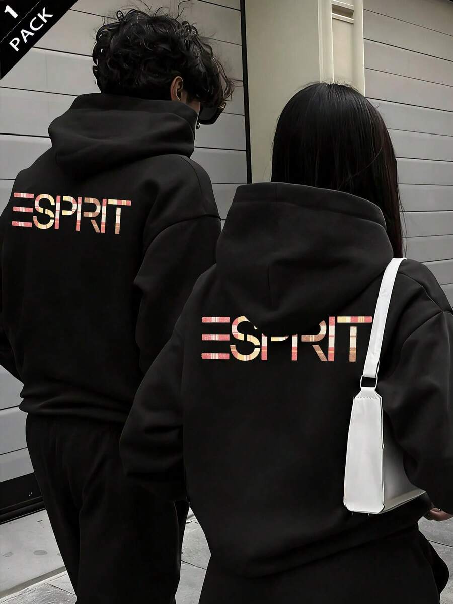 Autumn Winter Women's Fleece Hoodie With Letter Print, Y2K - Black - View 1