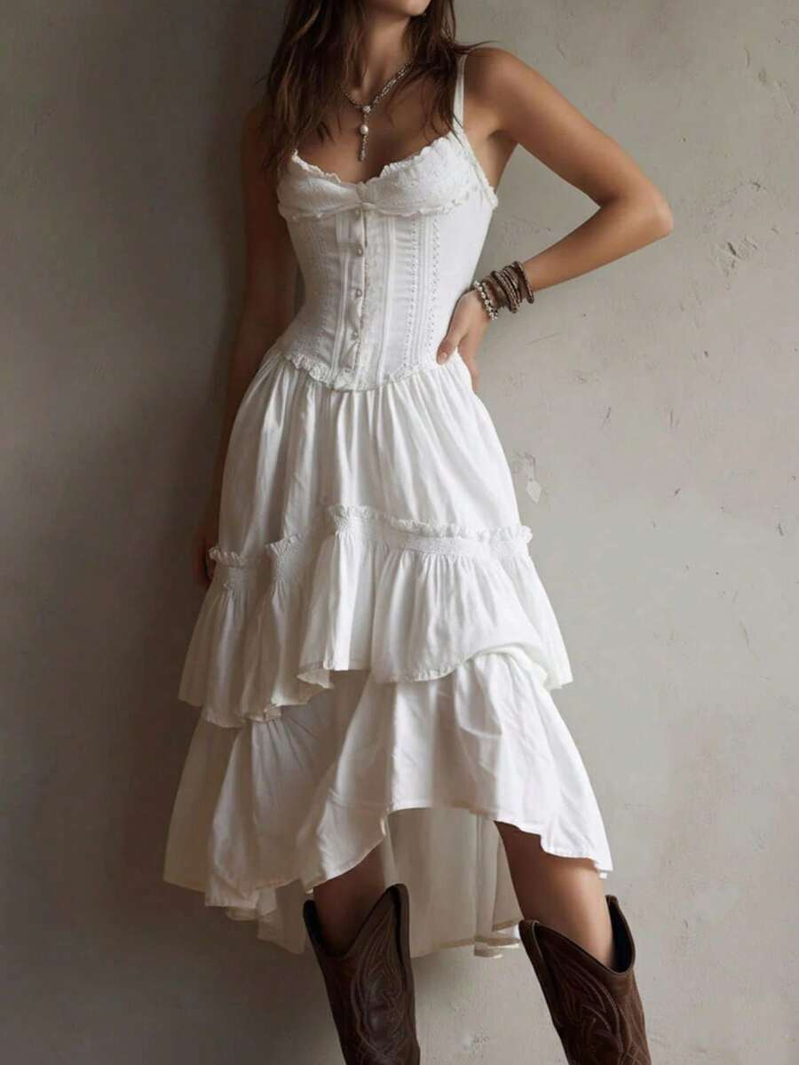 Vestido femenino tirantes decorado con encaje falda multicapa ajustable con lazo en espalda ligero para salidas - Blanco - Ver 1