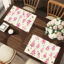 1/4/6pcs Christmas Series Pink Watercolor Christmas Tree Pattern Printed Placemats, Heat-Resistant Table Mat For Home Kitchen/Table Protection, Kitchen Dining Table Party Scene Decoration - Multicolor - View 5