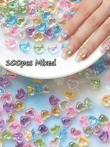 100Pcs Mixed Hollow Heart Nail Charms Transparent Jelly 3D Heart Resin Nail Rhinestones DIY Manicure Nail Art Decorations Accessories Random Color - Multicolor - View 9