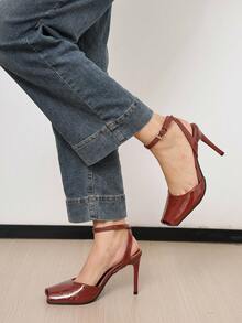 Women's Red One-Strap Backless Peep Toe High Heel Pumps Square Toe Stiletto Heel Summer Slimming Open Toe Fashion Sandals - Red - View 2