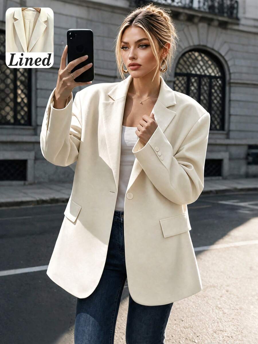 Women's Autumn/Winter Solid Color Fashion Commute Oversized Padded Shoulder Single-Breasted One-Button Long Sleeve Blazer Jacket With Lining - Apricot - View 1