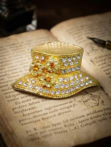 Gold Tone Rhinestone Hat Brooch For Women, Sparkly Crystal Lapel Pin, Vintage Statement Fashion Jewelry, Decorative Pin For Coat, Jacket, Scarf & Bag - Multicolor - View 7