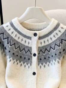 Women's Knitted Fair Isle Pattern Cardigan, Round Neck, Long Sleeve ...
