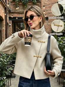 Women's Fashion Funnel Neck Regular Sleeve Coat With Button Details, Autumn/Winter Essential - Apricot - View 2