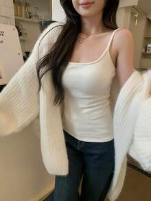 Women's Slim Fit Brushed Camisole Tank Top With Built-In Padding, Versatile Layering Piece For Autumn/Winter - White - View 7