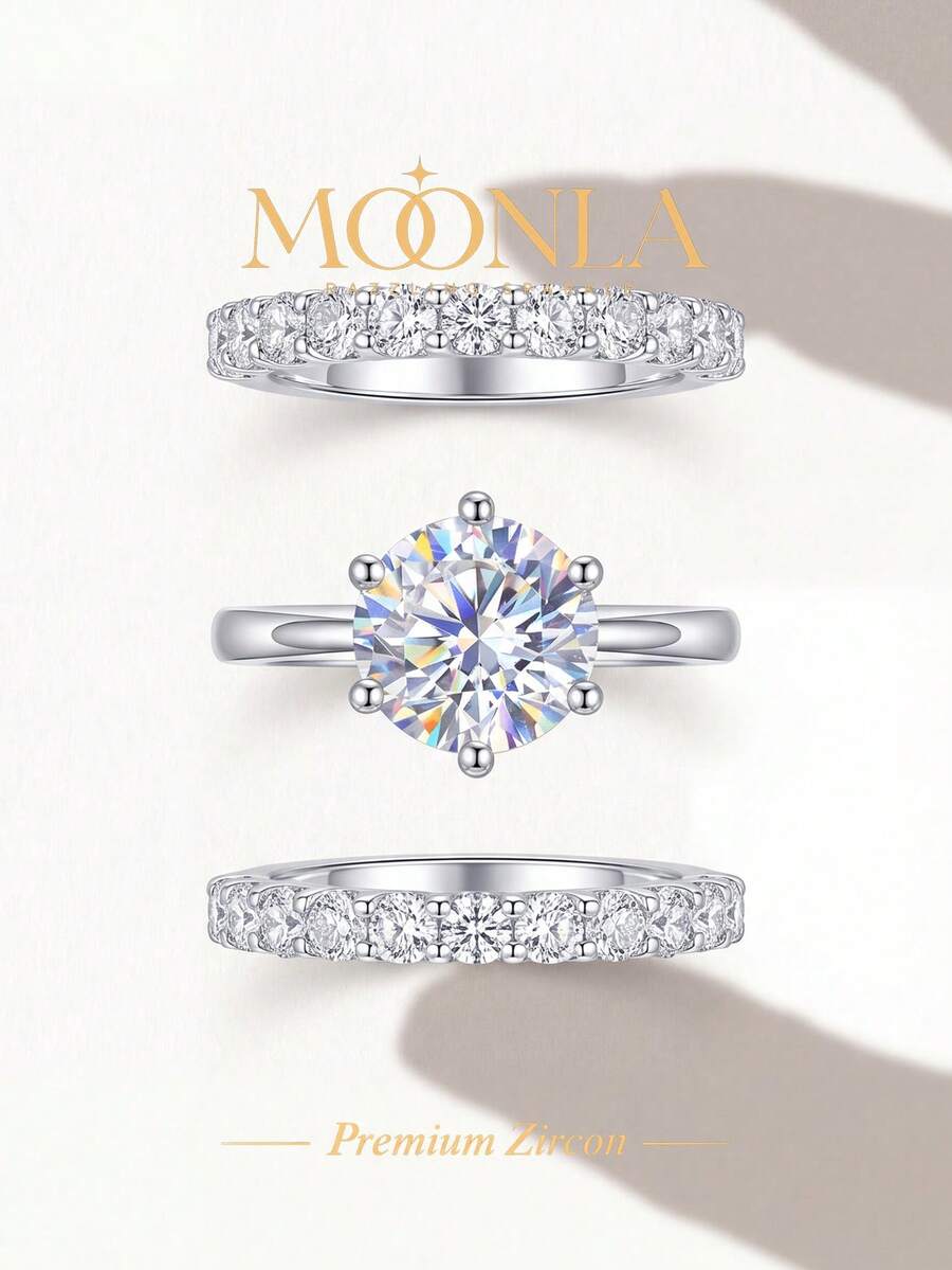 1pc Shiny Zirconia Round Ring Set, Women's Engagement Wedding Party Daily Wear Anniversary Jewelry Gift - Silver - View 1
