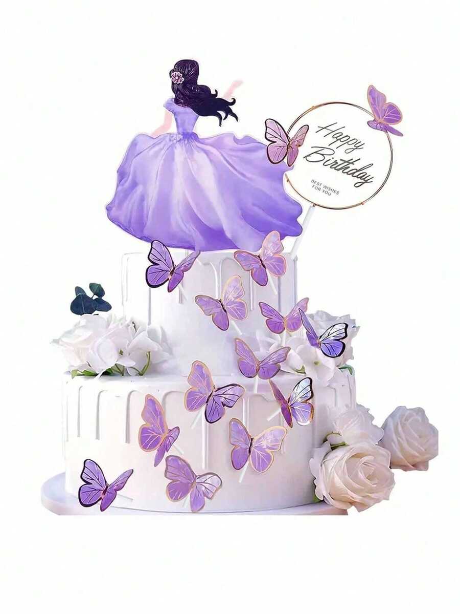 24pcs Butterfly Cake Decoration Party Supplies, Butterfly Happy Birthday Cake Decoration Set, Includes 1 Gold Metallic Happy Birthday Cake Topper, Suitable For Wedding Cake Decoration, Birthday Cake Decoration (Please Use With Stick, Do Not Directly Touch Cake) - Multicolor - View 1